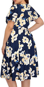 Women‘s Plus Size Faux Wrap V Neck Short Sleeve Midi Wedding Guest Party Casual Dresses