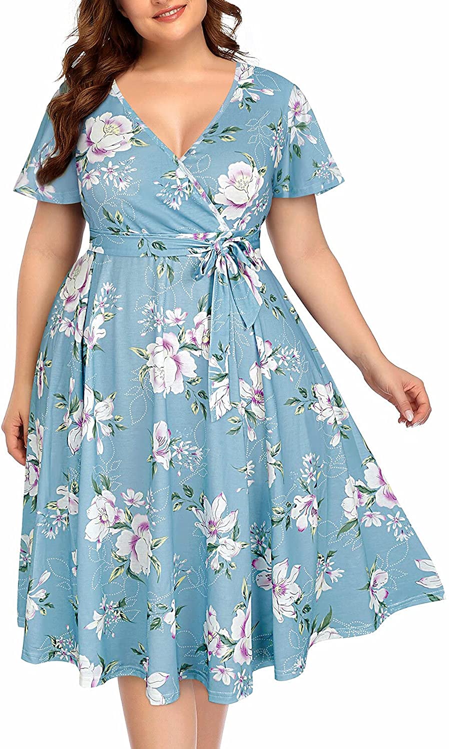 Women‘s Plus Size Faux Wrap V Neck Short Sleeve Midi Wedding Guest Party Casual Dresses