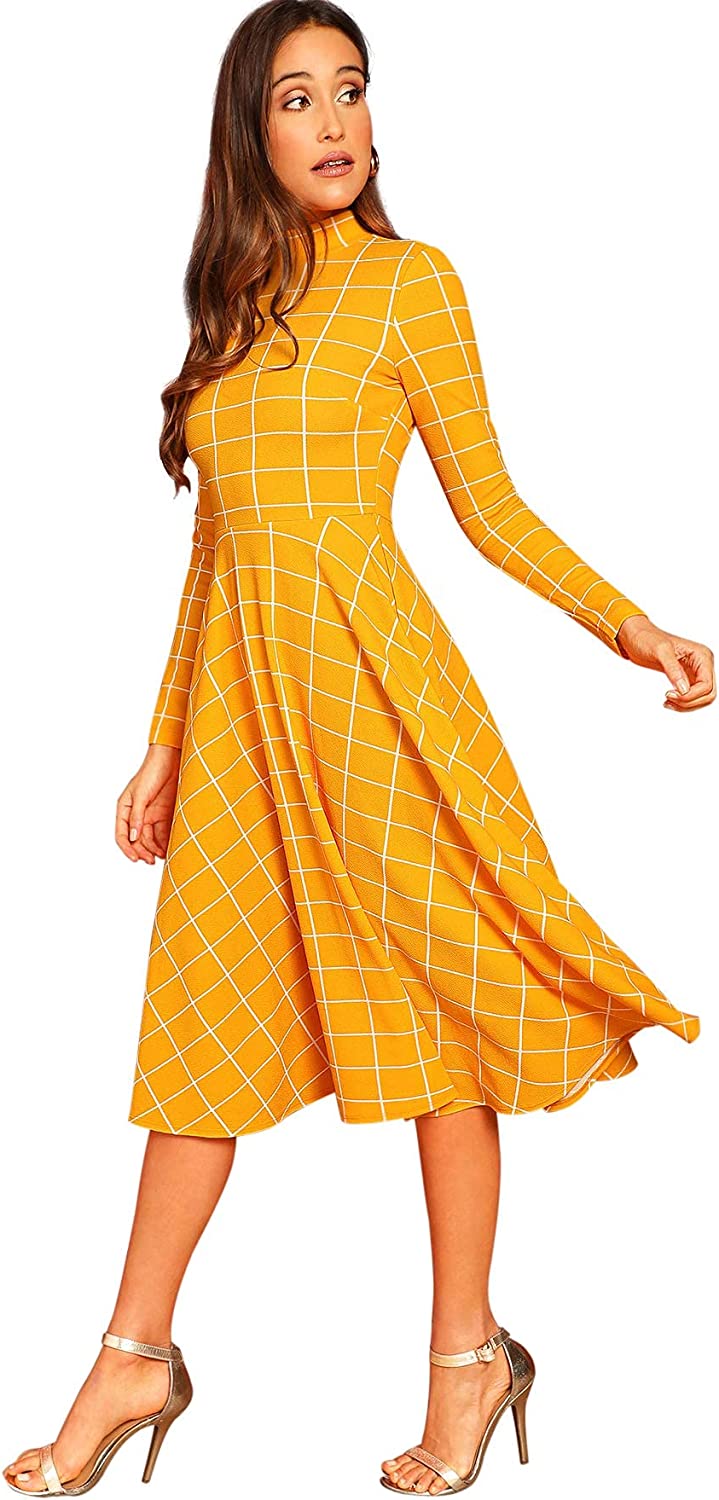 Floerns Women's High Neck Plaid Fit and Flare Midi Dress