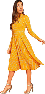 Floerns Women's High Neck Plaid Fit and Flare Midi Dress
