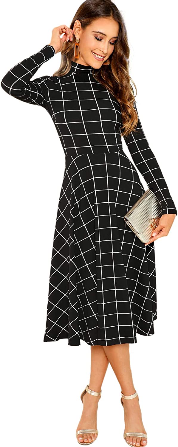 Floerns Women's High Neck Plaid Fit and Flare Midi Dress