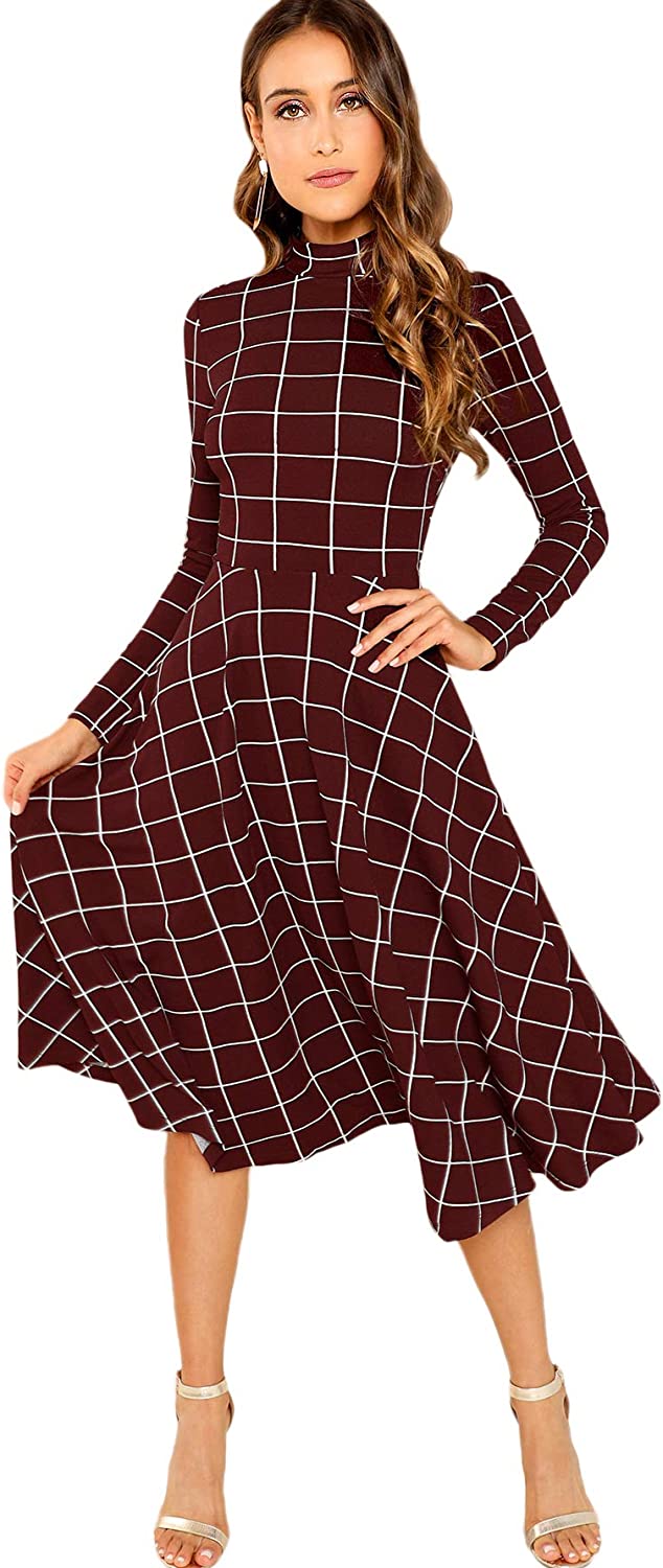 Floerns Women's High Neck Plaid Fit and Flare Midi Dress