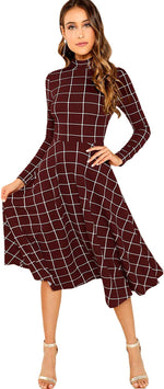 Load image into Gallery viewer, Floerns Women&#39;s High Neck Plaid Fit and Flare Midi Dress
