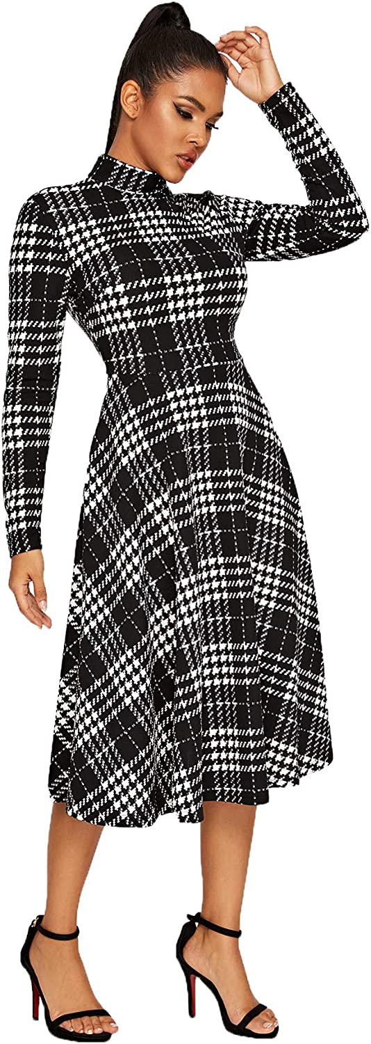 Floerns Women's High Neck Plaid Fit and Flare Midi Dress