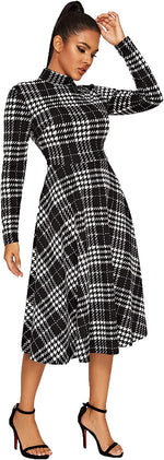 Load image into Gallery viewer, Floerns Women&#39;s High Neck Plaid Fit and Flare Midi Dress
