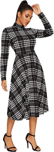 Floerns Women's High Neck Plaid Fit and Flare Midi Dress