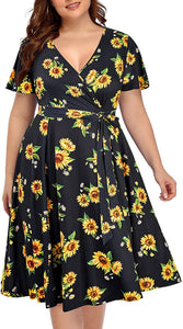 Women‘s Plus Size Faux Wrap V Neck Short Sleeve Midi Wedding Guest Party Casual Dresses