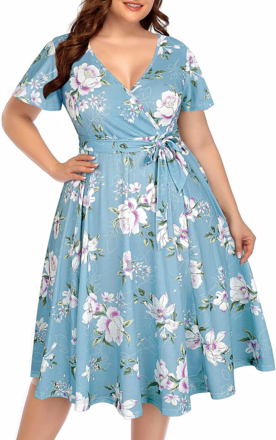 Women‘s Plus Size Faux Wrap V Neck Short Sleeve Midi Wedding Guest Party Casual Dresses