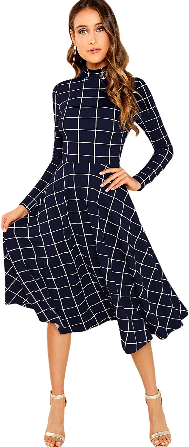 Floerns Women's High Neck Plaid Fit and Flare Midi Dress