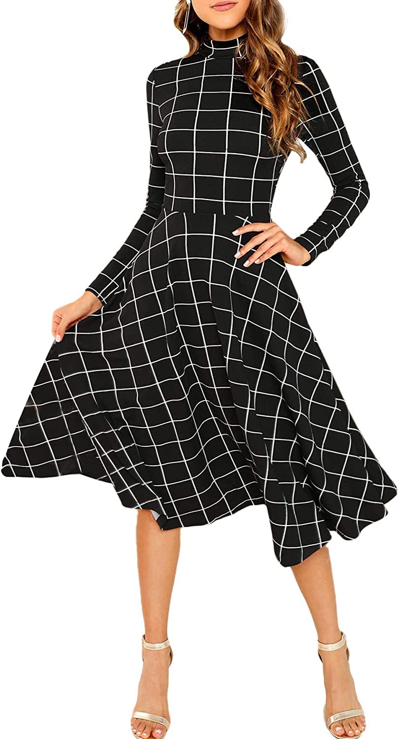Floerns Women's High Neck Plaid Fit and Flare Midi Dress