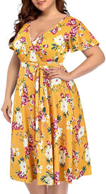 Load image into Gallery viewer, Women‘s Plus Size Faux Wrap V Neck Short Sleeve Midi Wedding Guest Party Casual Dresses
