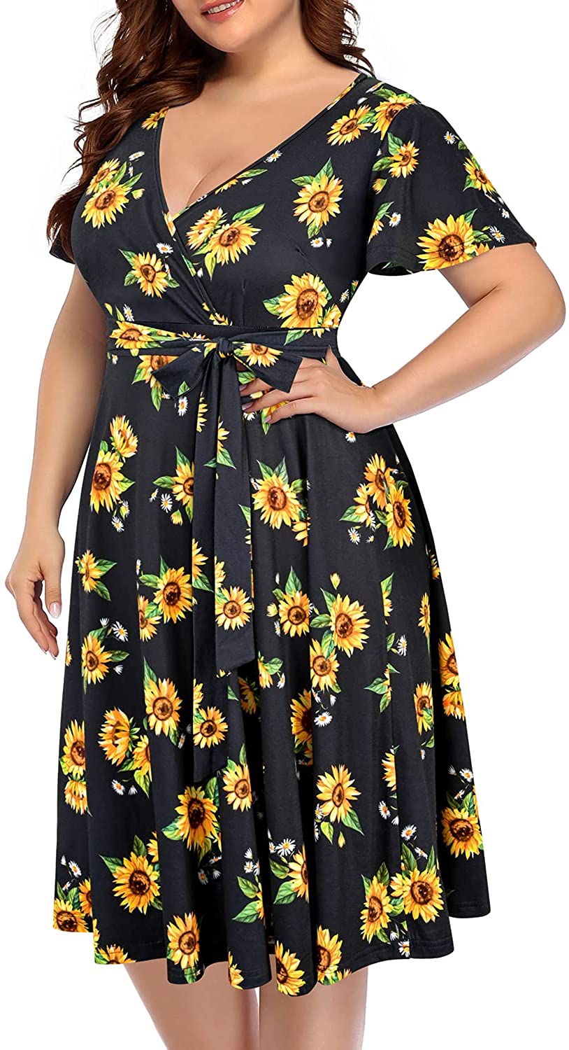 Women‘s Plus Size Faux Wrap V Neck Short Sleeve Midi Wedding Guest Party Casual Dresses