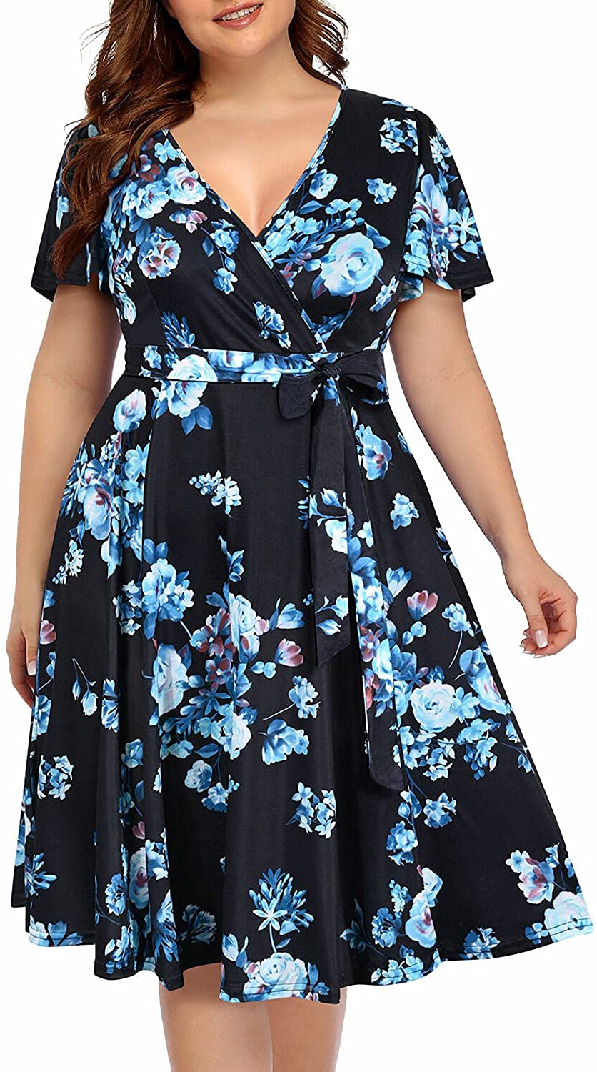 Women‘s Plus Size Faux Wrap V Neck Short Sleeve Midi Wedding Guest Party Casual Dresses