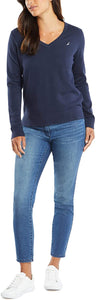 Nautica Women's Effortless J-Class Long Sleeve 100% Cotton V-Neck Sweater