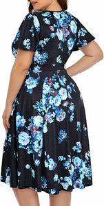 Women‘s Plus Size Faux Wrap V Neck Short Sleeve Midi Wedding Guest Party Casual Dresses