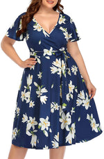 Load image into Gallery viewer, Women‘s Plus Size Faux Wrap V Neck Short Sleeve Midi Wedding Guest Party Casual Dresses
