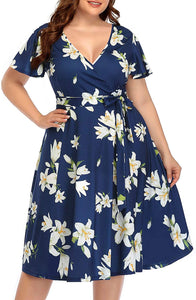 Women‘s Plus Size Faux Wrap V Neck Short Sleeve Midi Wedding Guest Party Casual Dresses