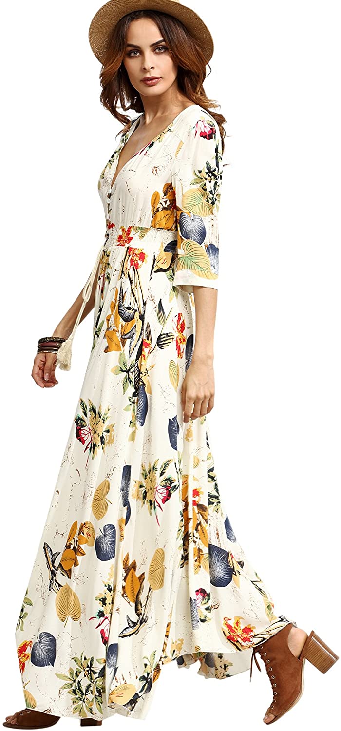 Milumia Women's Button Up Split Floral Print Flowy Party Maxi Dress