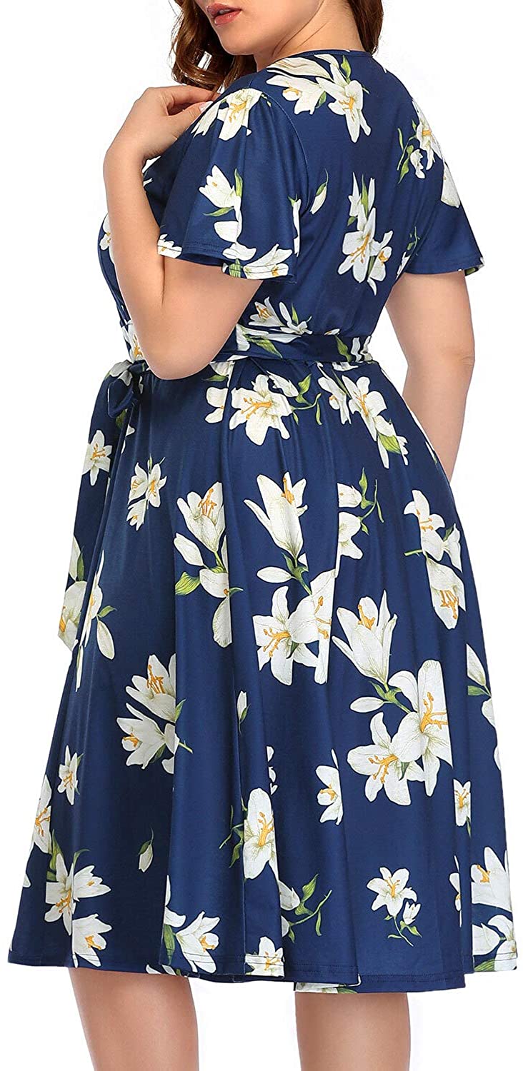 Women‘s Plus Size Faux Wrap V Neck Short Sleeve Midi Wedding Guest Party Casual Dresses