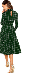 Floerns Women's High Neck Plaid Fit and Flare Midi Dress