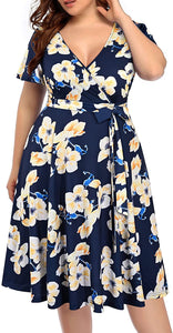 Women‘s Plus Size Faux Wrap V Neck Short Sleeve Midi Wedding Guest Party Casual Dresses