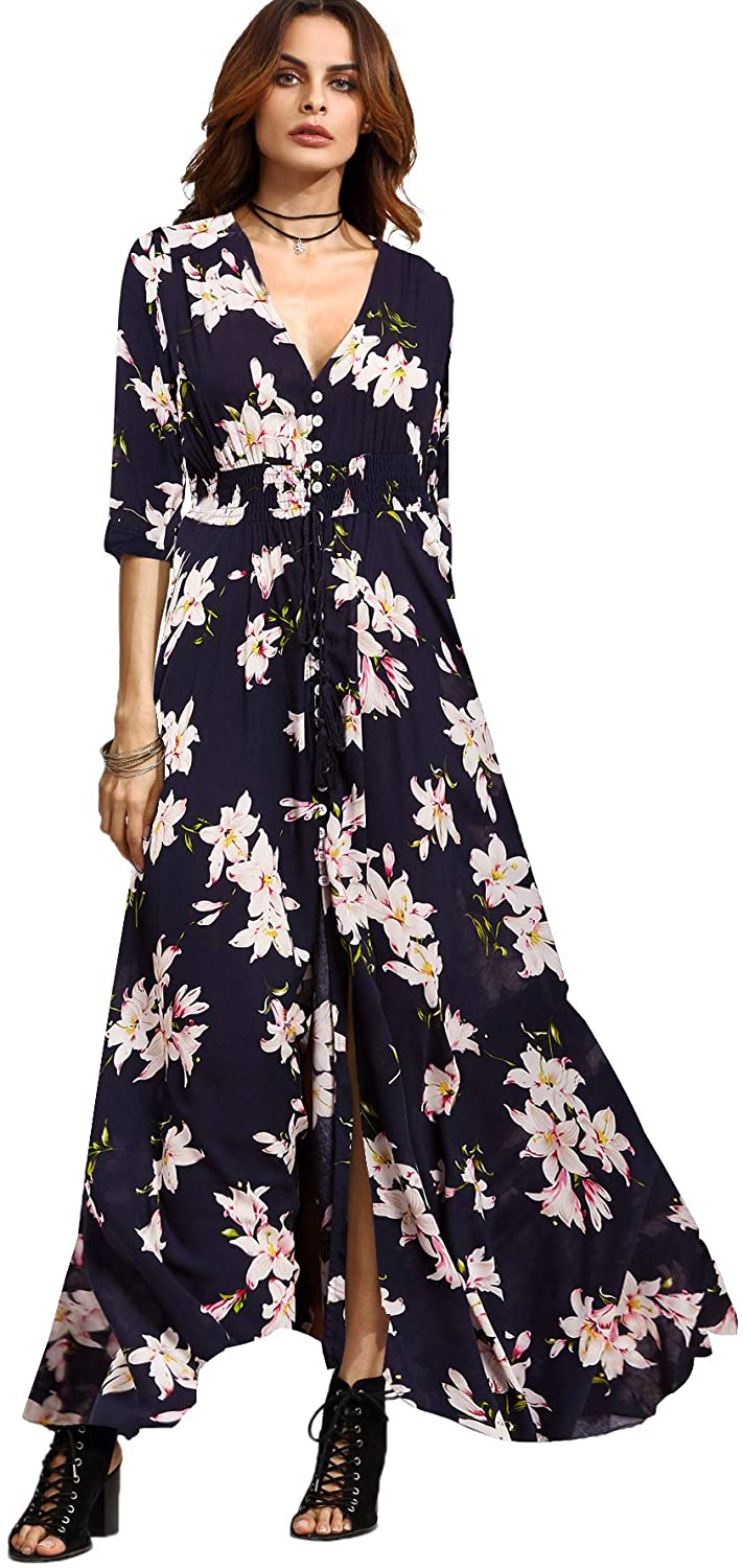 Milumia Women's Button Up Split Floral Print Flowy Party Maxi Dress