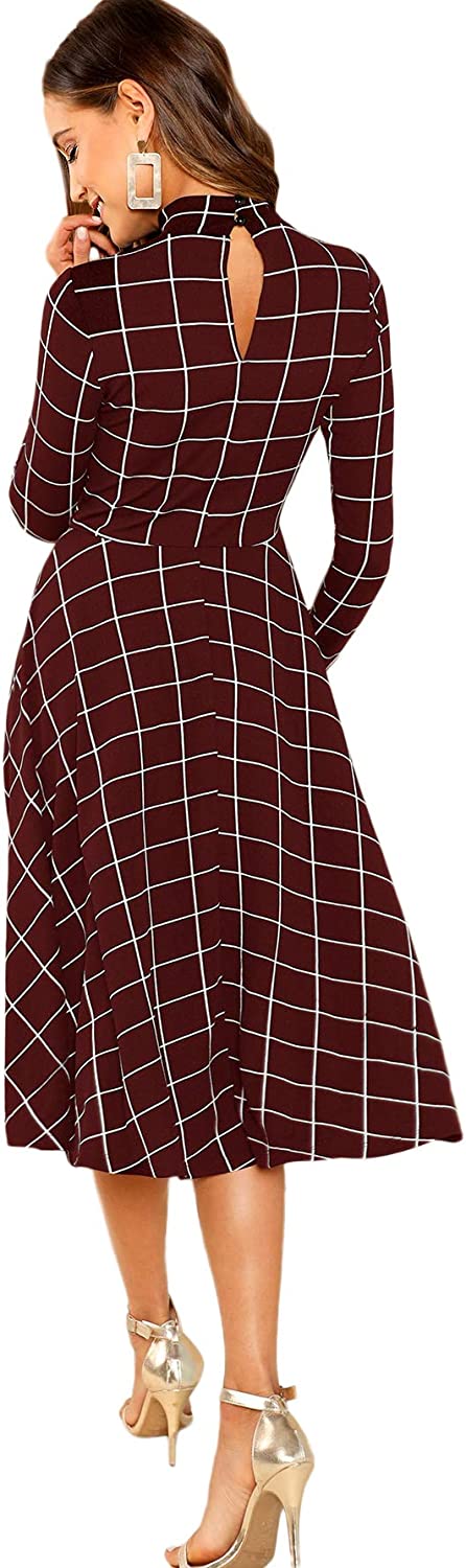 Floerns Women's High Neck Plaid Fit and Flare Midi Dress