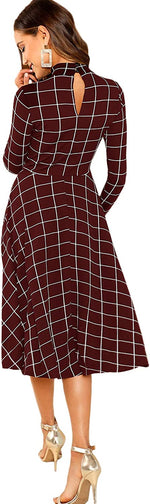 Load image into Gallery viewer, Floerns Women&#39;s High Neck Plaid Fit and Flare Midi Dress
