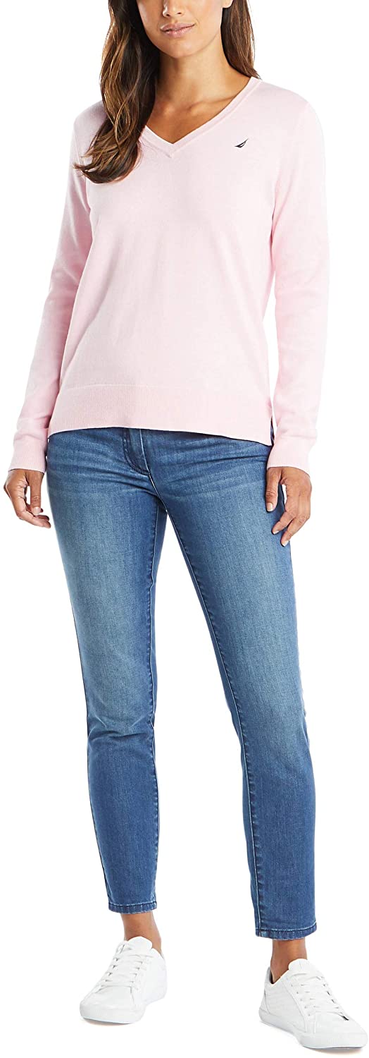 Nautica Women's Effortless J-Class Long Sleeve 100% Cotton V-Neck Sweater