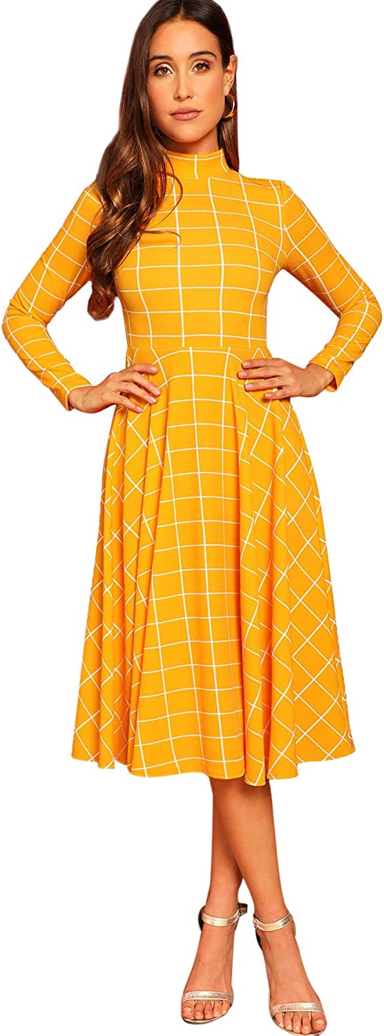 Floerns Women's High Neck Plaid Fit and Flare Midi Dress