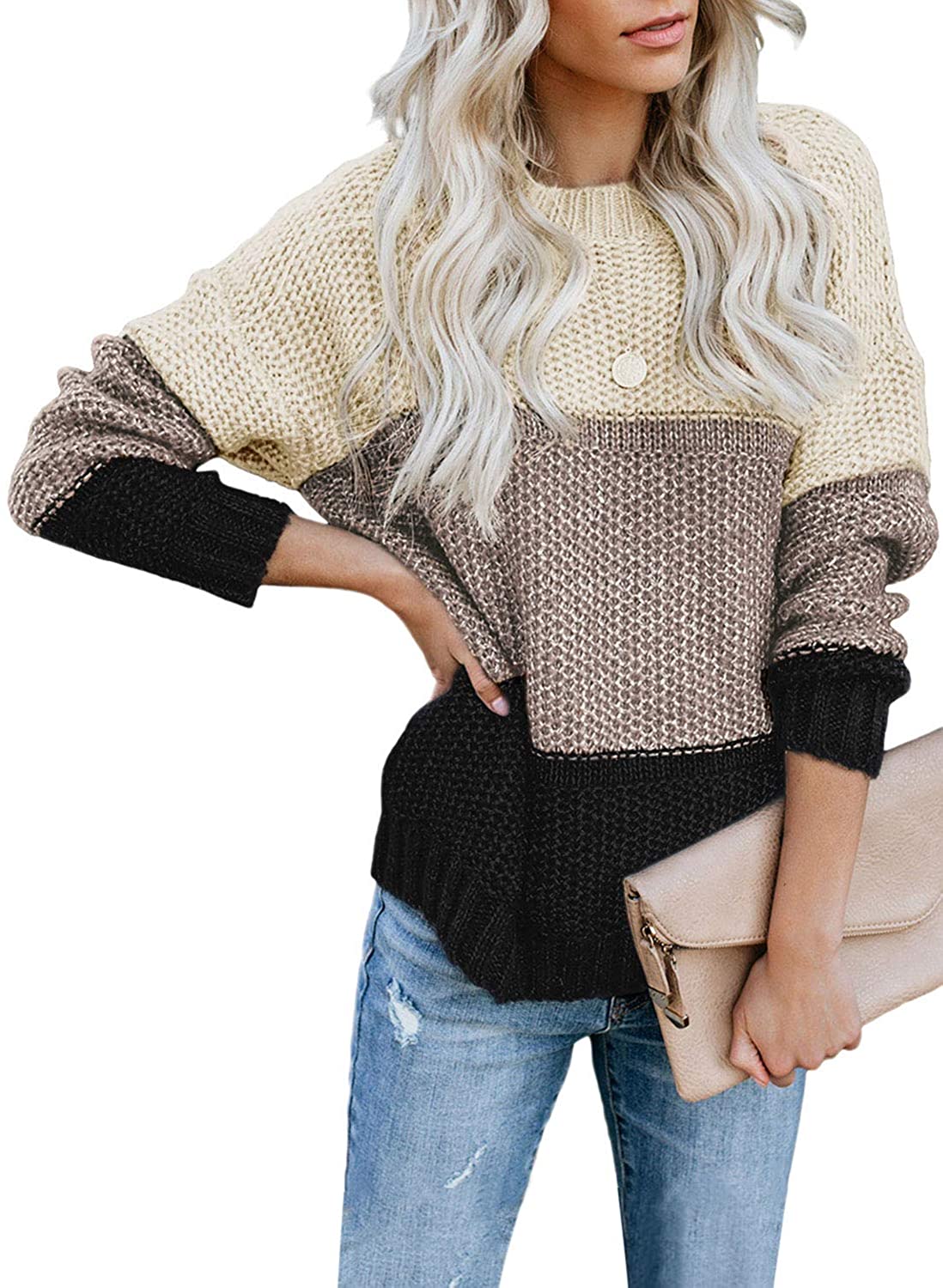 CANIKAT Women's Crewneck Color Block Striped Sweater Long Sleeve Loose Knit Pullover Jumper Tops