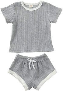 Newborn Baby Boys Girls Summer Outfits Infant Ribbed Knitted Cotton Short Sleeve T-Shirt + Shorts Two Piece Clothes Set