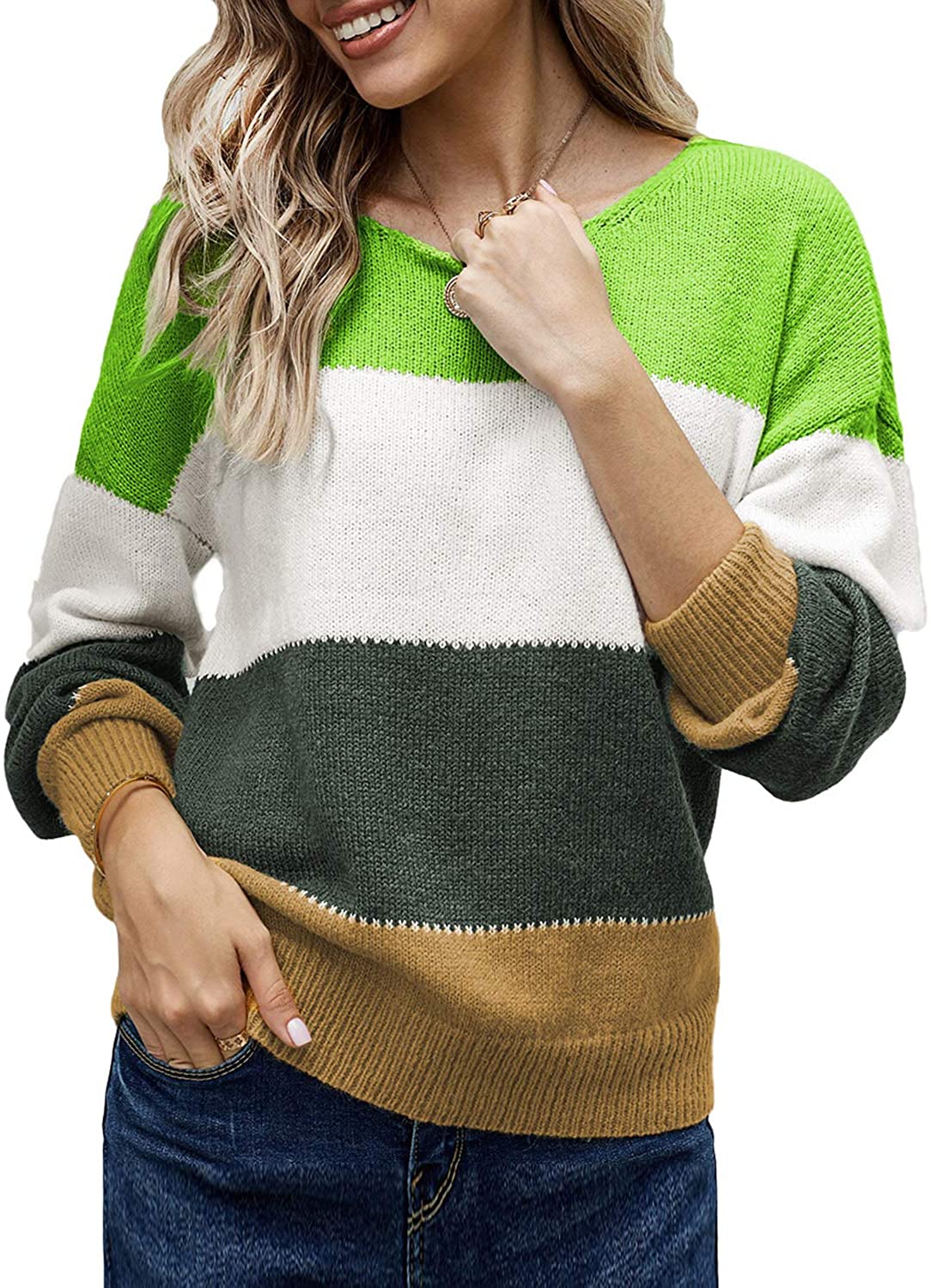 CANIKAT Women's Crewneck Color Block Striped Sweater Long Sleeve Loose Knit Pullover Jumper Tops