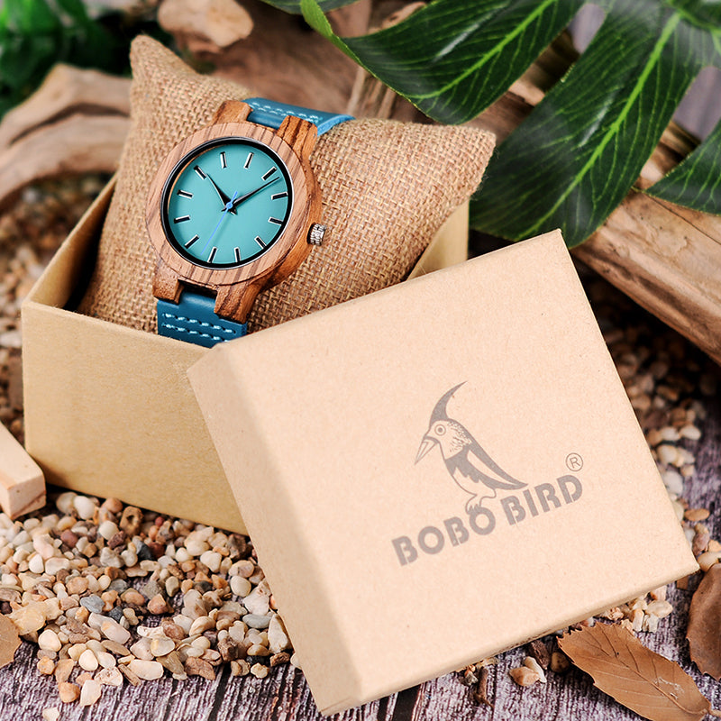 BOBO BIRD WC28 Blue Leather Band Antique Lovers Wood Watches With Blue Dial Zebra Wooden Watch in Gift Box Accept Drop Shipping