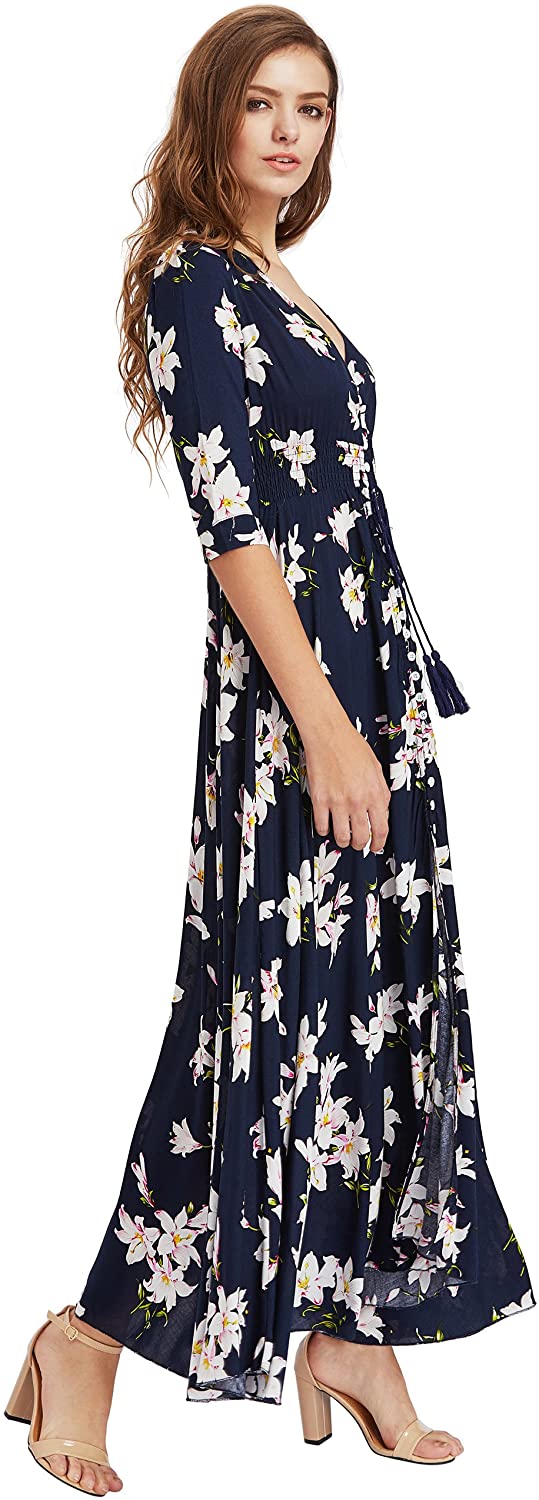 Milumia Women's Button Up Split Floral Print Flowy Party Maxi Dress