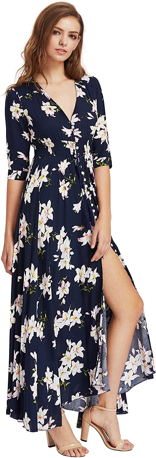 Milumia Women's Button Up Split Floral Print Flowy Party Maxi Dress