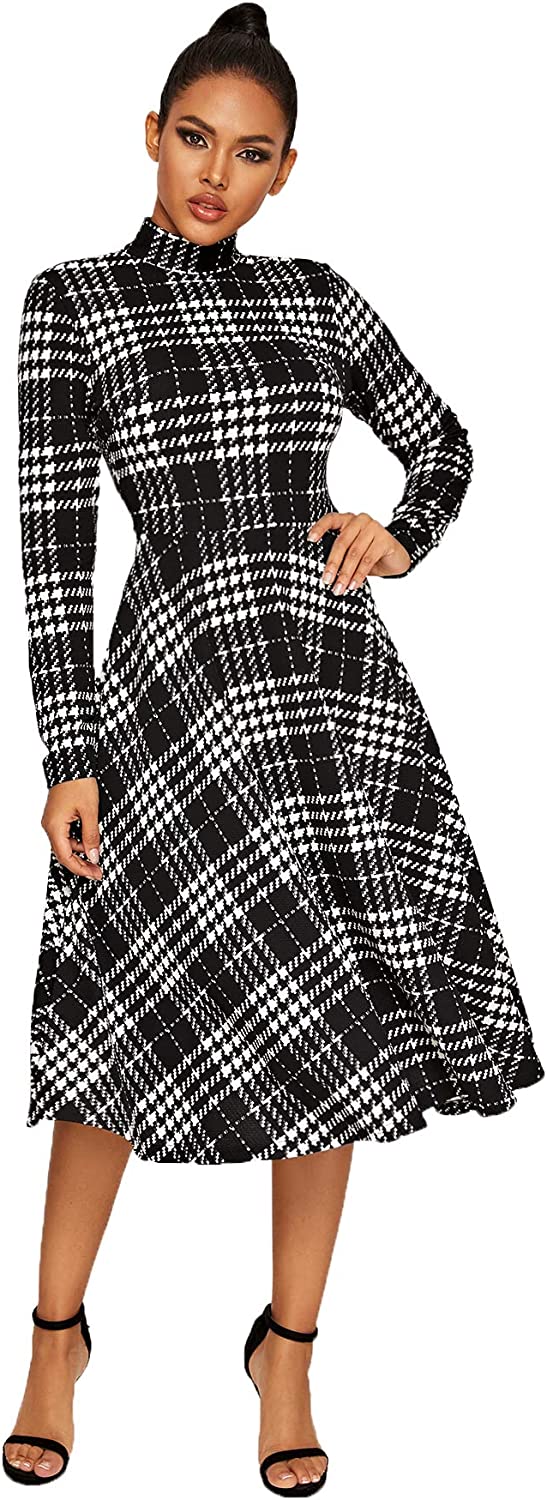 Floerns Women's High Neck Plaid Fit and Flare Midi Dress