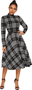 Floerns Women's High Neck Plaid Fit and Flare Midi Dress