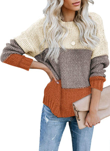 CANIKAT Women's Crewneck Color Block Striped Sweater Long Sleeve Loose Knit Pullover Jumper Tops