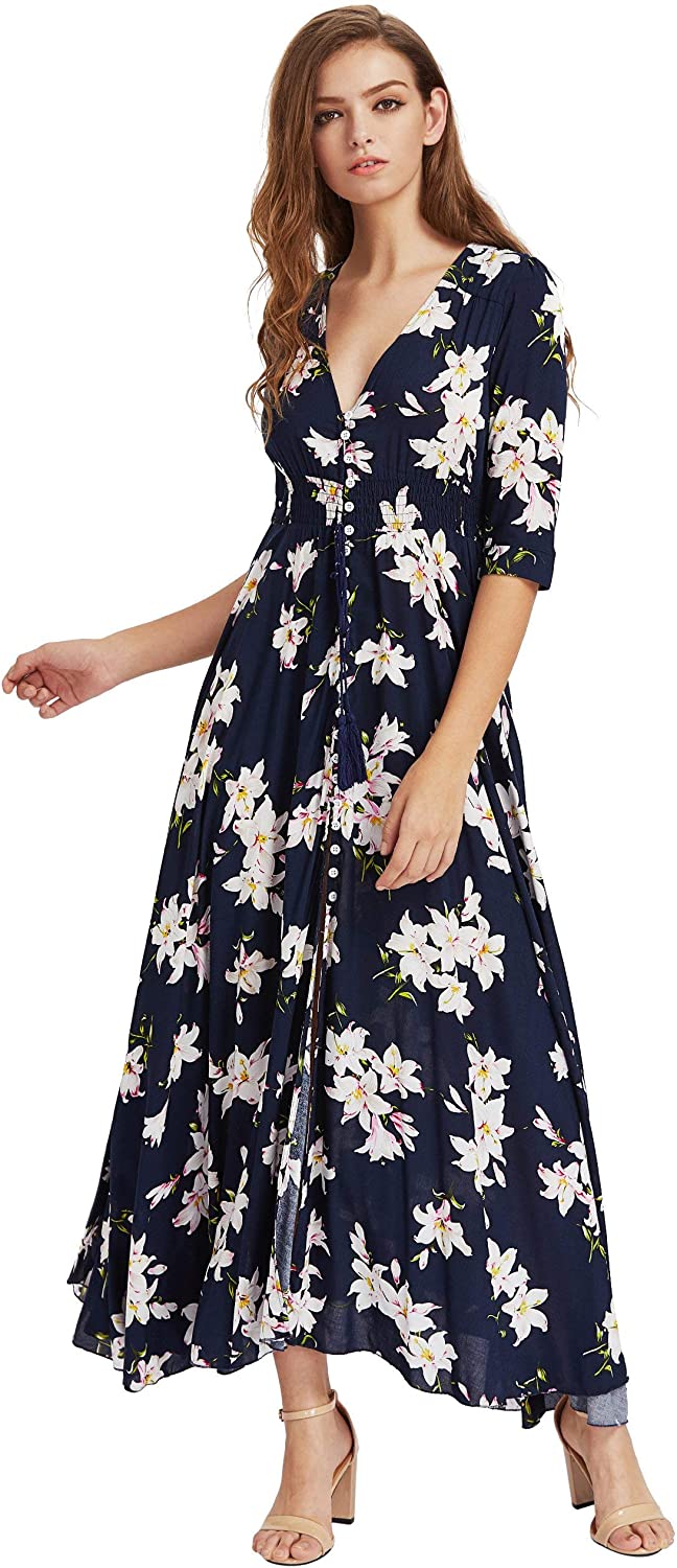 Milumia Women's Button Up Split Floral Print Flowy Party Maxi Dress