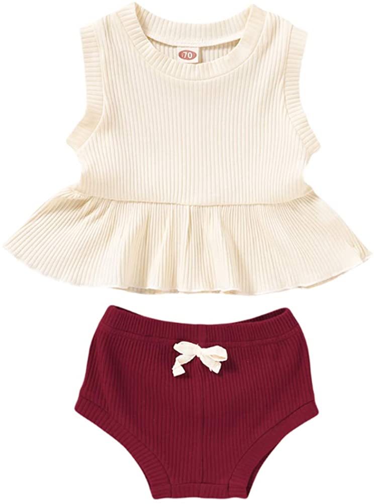 Newborn Baby Boys Girls Summer Outfits Infant Ribbed Knitted Cotton Short Sleeve T-Shirt + Shorts Two Piece Clothes Set