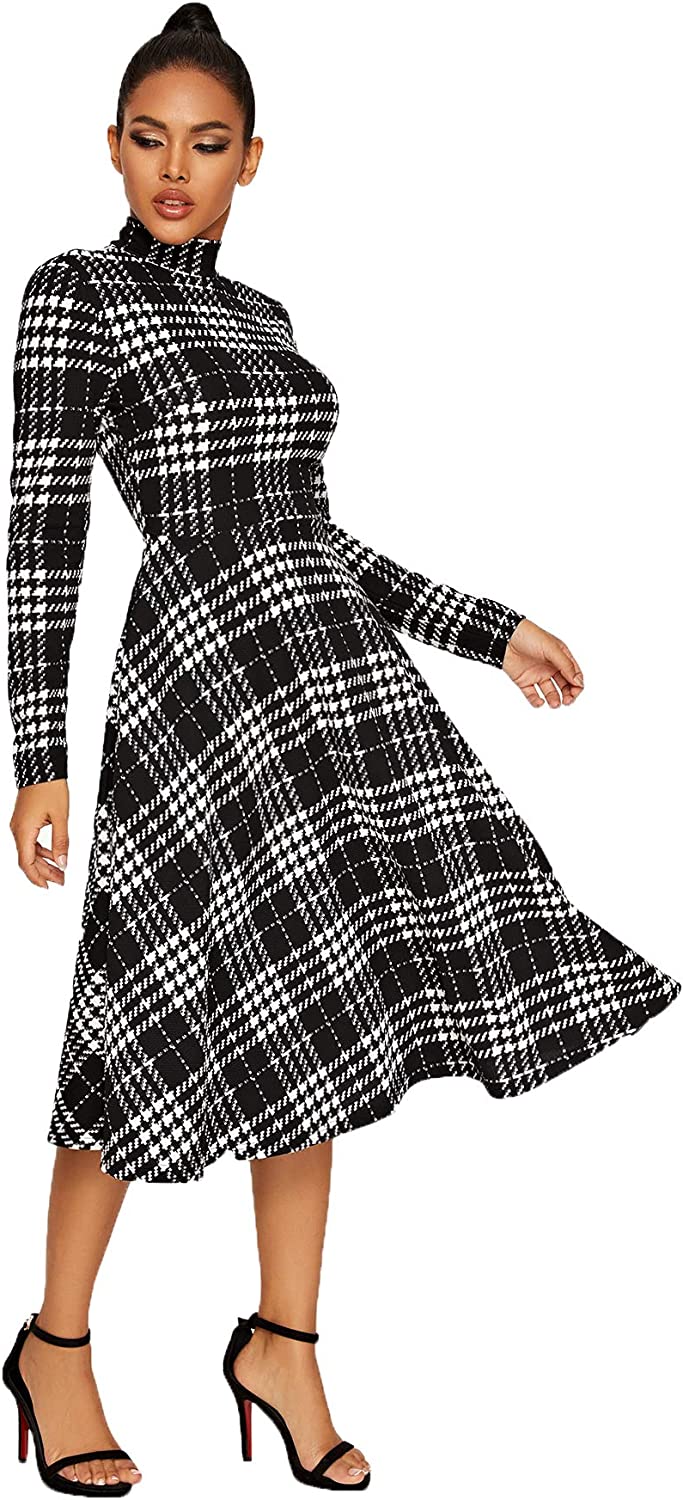 Floerns Women's High Neck Plaid Fit and Flare Midi Dress