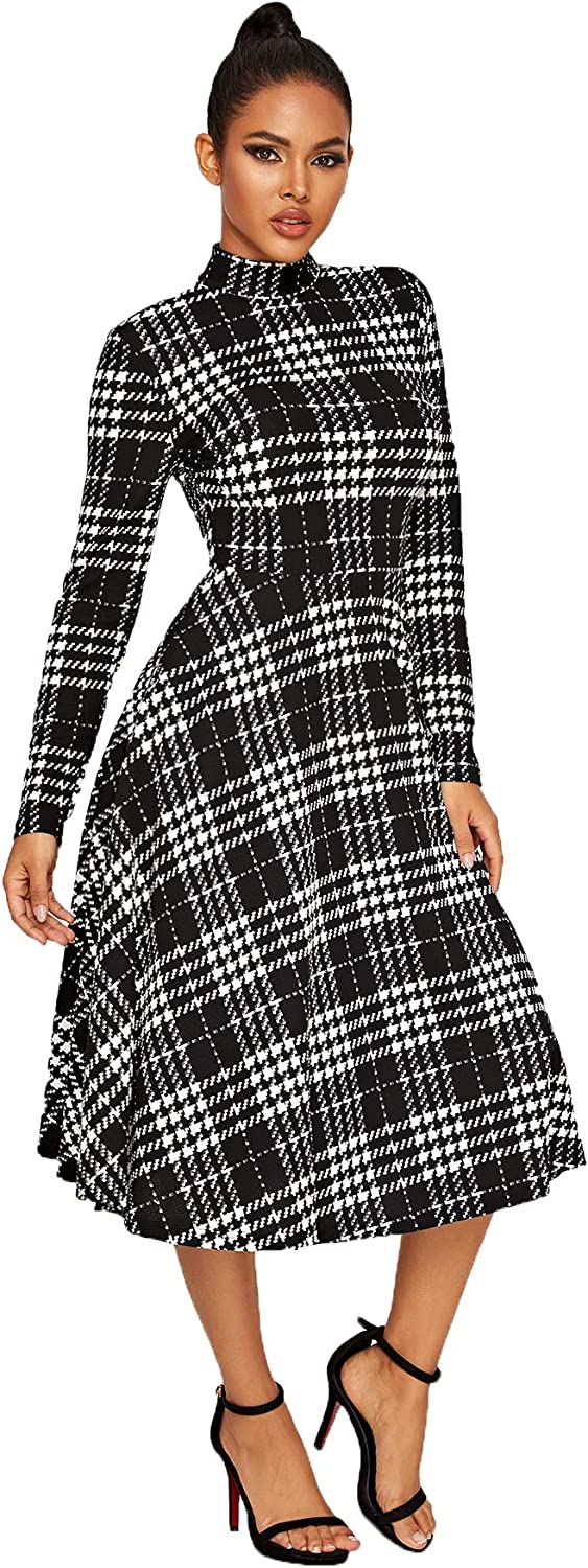 Floerns Women's High Neck Plaid Fit and Flare Midi Dress