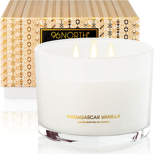 96NORTH Luxury Vanilla Soy Candles | Large 3 Wick Jar Candle | Up to 50 Hours Burning Time | 100% Natural Soy Wax | Relaxing Aromatherapy Aesthetic Candle | Housewarming Gift for Men and Women