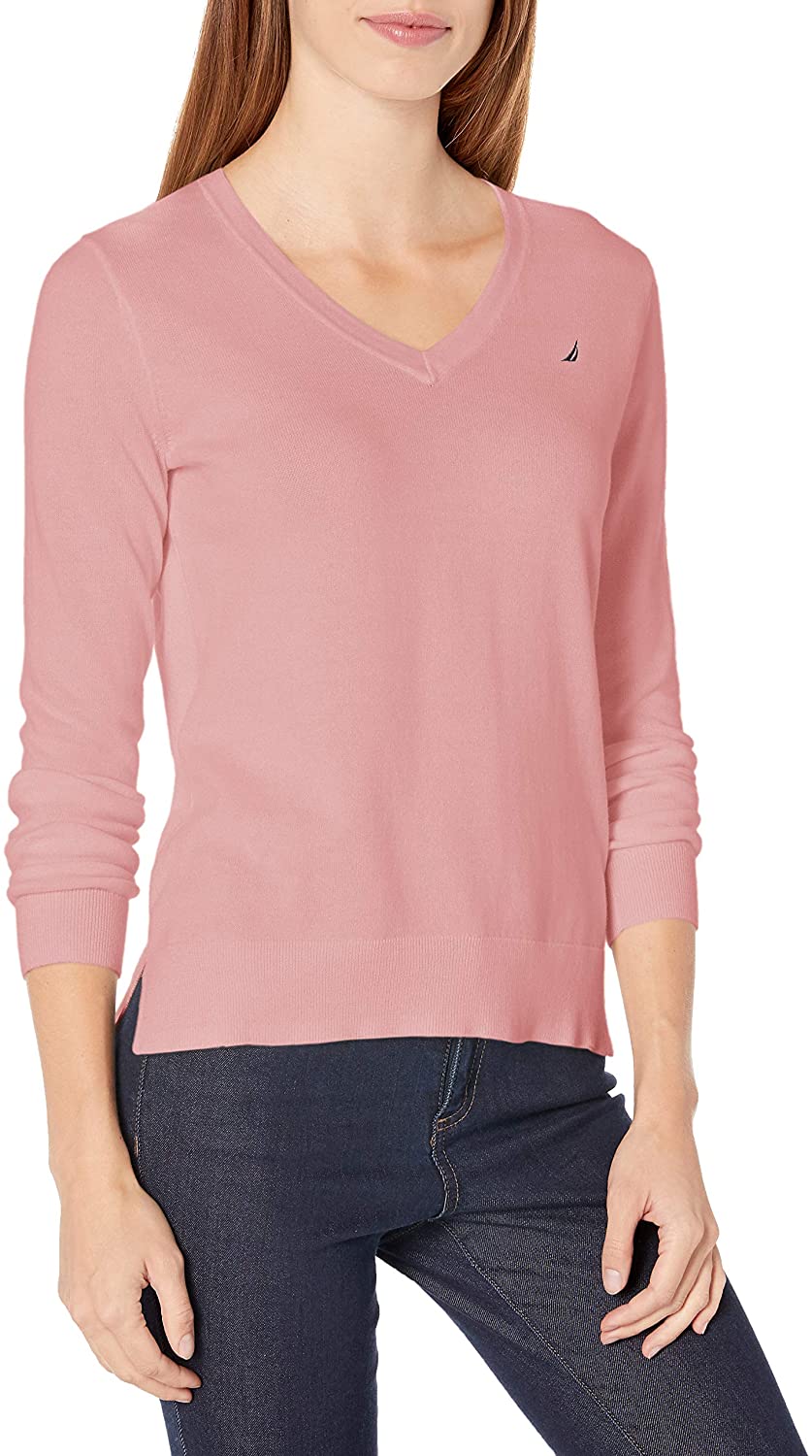 Nautica Women's Effortless J-Class Long Sleeve 100% Cotton V-Neck Sweater