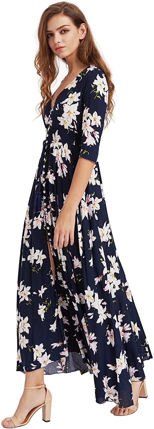 Milumia Women's Button Up Split Floral Print Flowy Party Maxi Dress