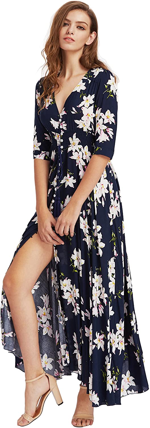 Milumia Women's Button Up Split Floral Print Flowy Party Maxi Dress