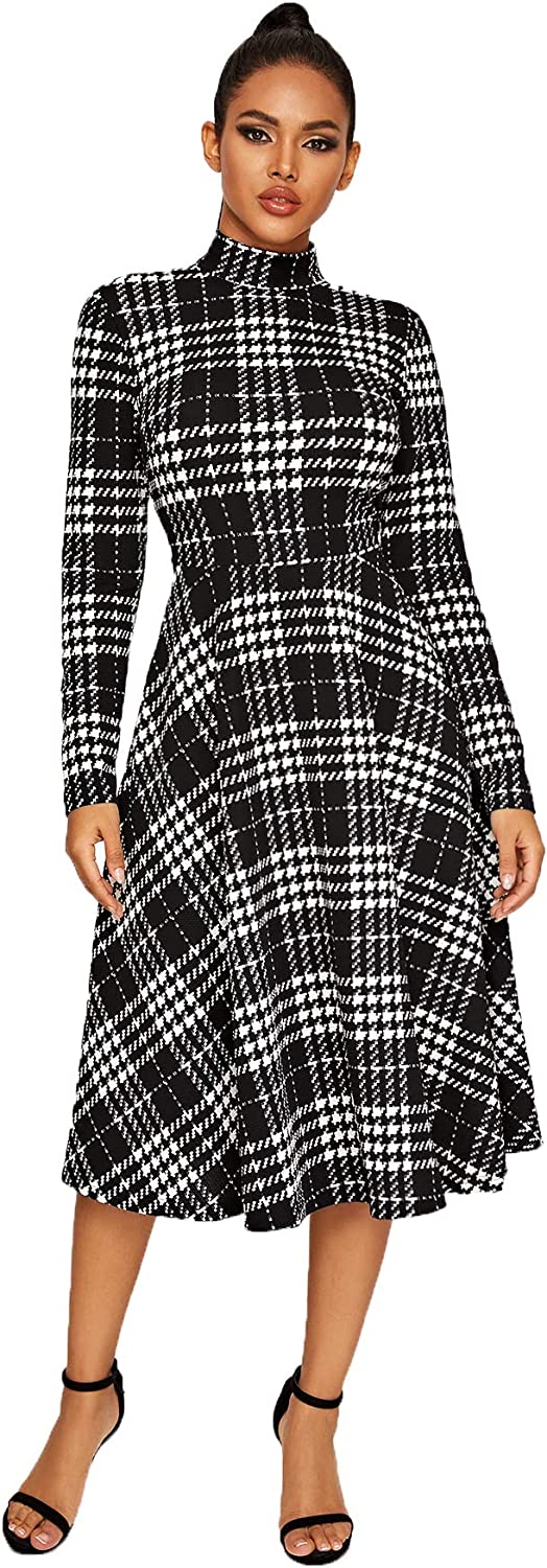 Floerns Women's High Neck Plaid Fit and Flare Midi Dress