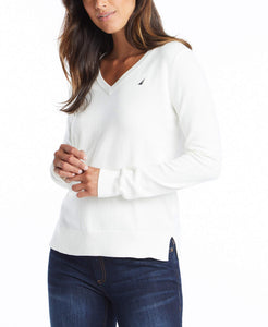 Nautica Women's Effortless J-Class Long Sleeve 100% Cotton V-Neck Sweater