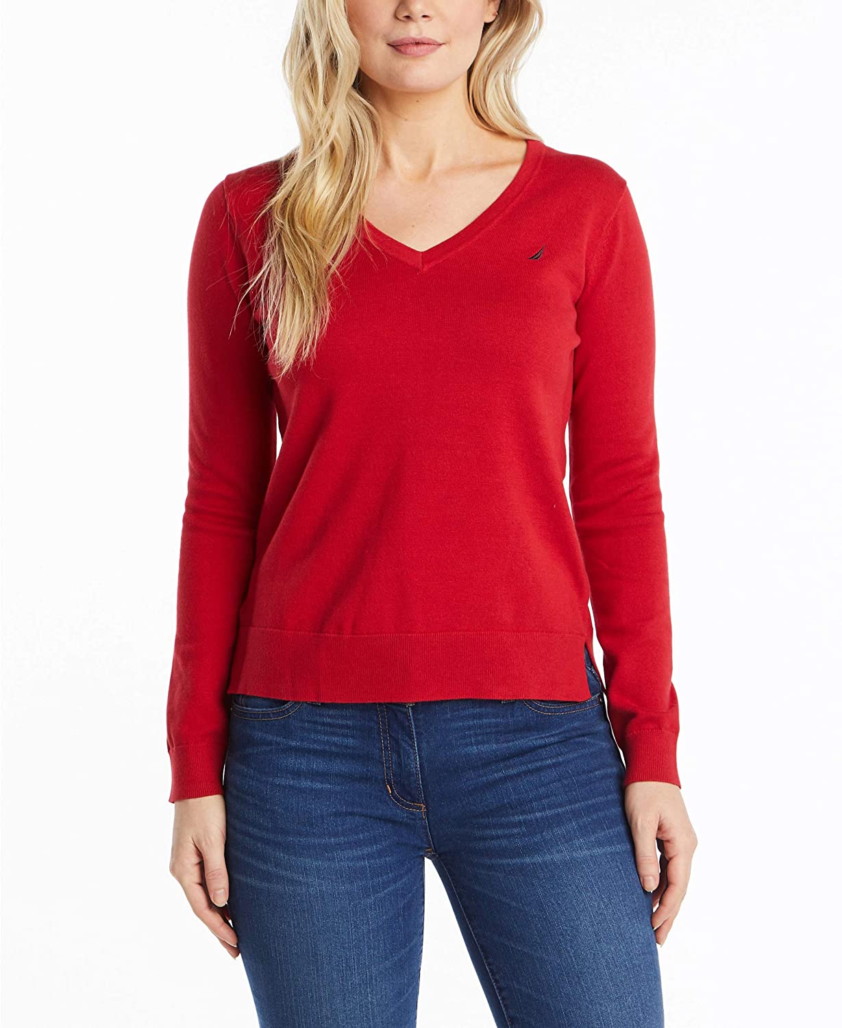 Nautica Women's Effortless J-Class Long Sleeve 100% Cotton V-Neck Sweater